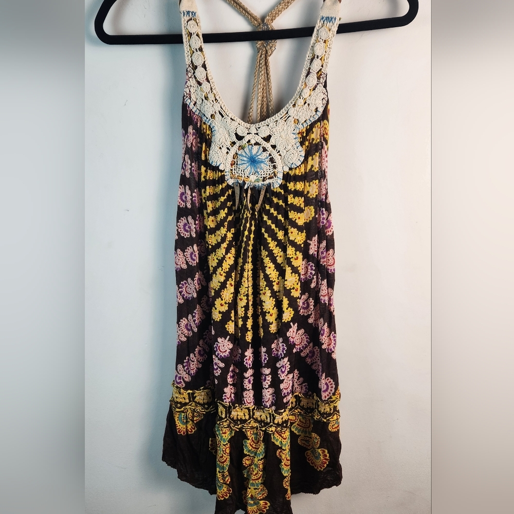 Free People Bohemian Tunic Tank Top With Crochet and Rope Straps Size XS